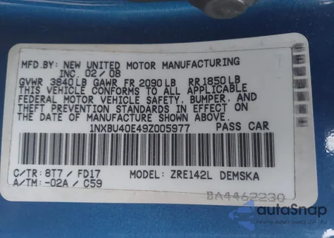 2009 Toyota Corolla S from USA, damaged, VIN 1NXBU40E49Z005977